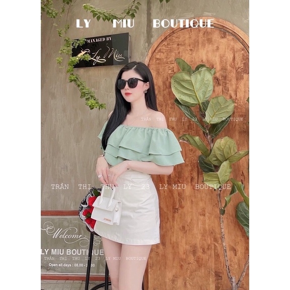 Set  Áo Bệt Vai Đũi Bèo Trễ Vai Phối Chân Váy KaKi