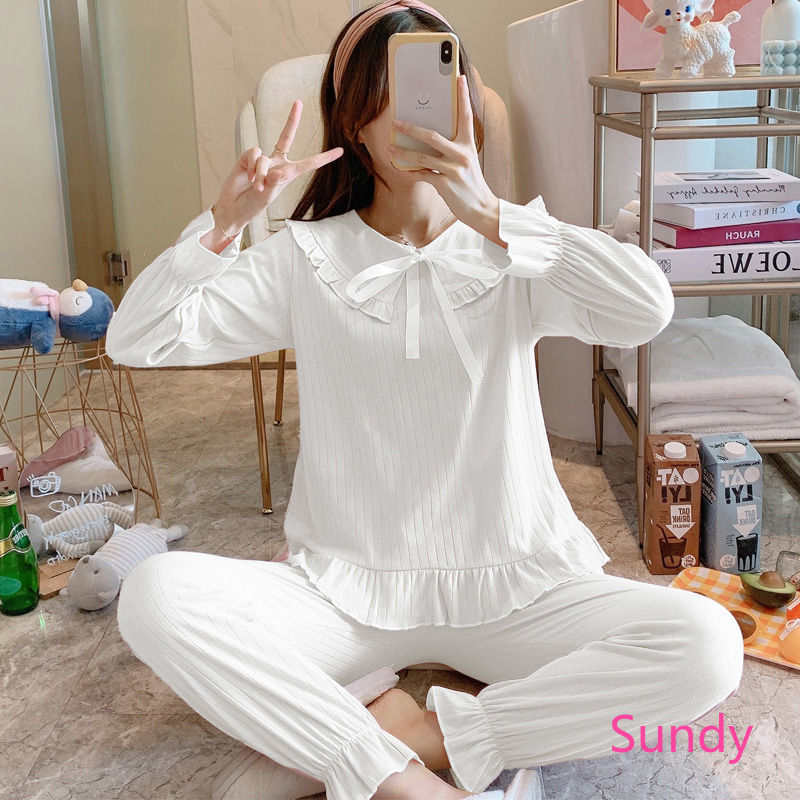 Set pyjama cotton màu trơn thu đông cho nữ