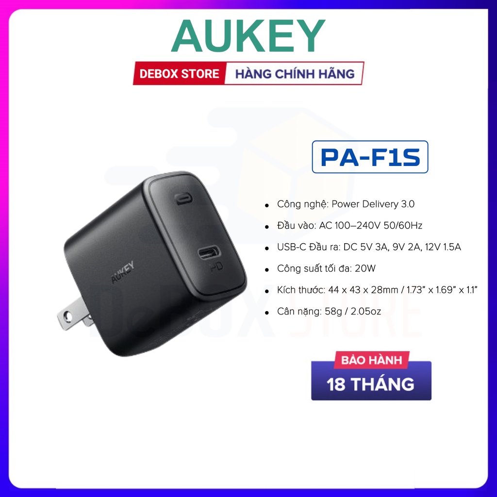 【Giao hàng nhanh】Combo AUKEY Cốc Sạc Nhanh PA-F1S Sạc nhanh PD 20W + Cáp C to Lightning MFI CB-CL3 PD 18W Dài 0,9m