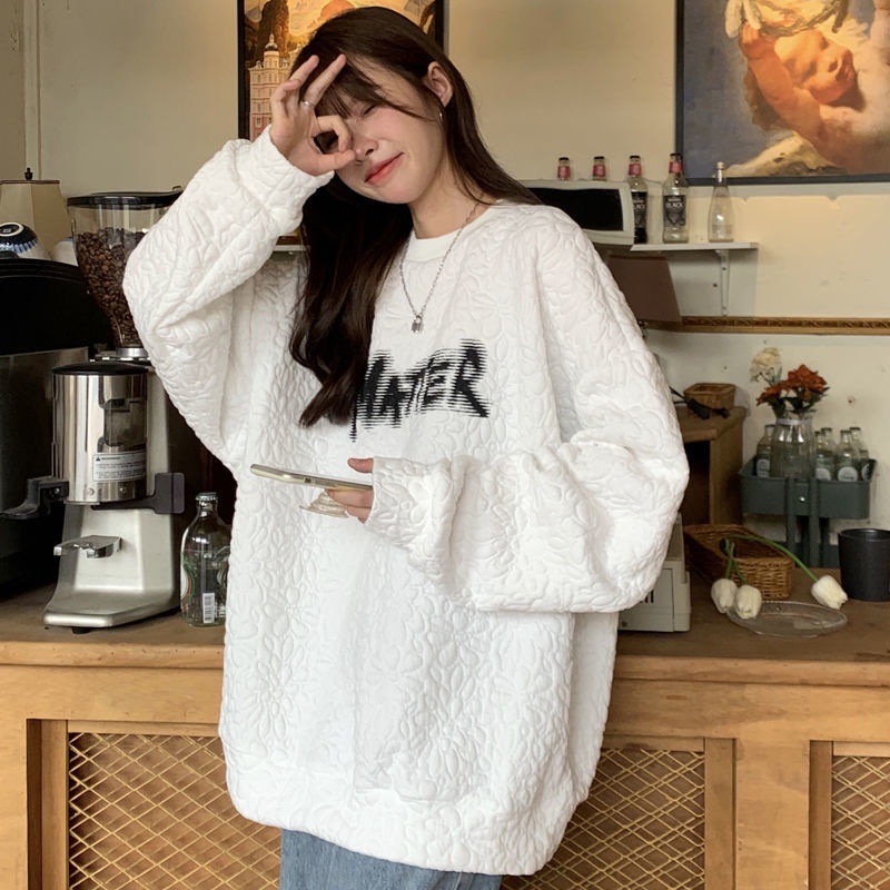 Áo sweater nữ tay dài dáng rộng in hình thời trang