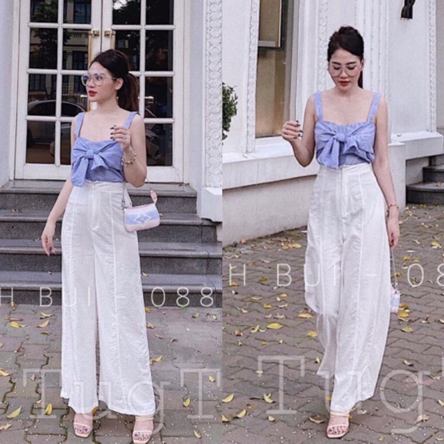 Big Sale => Set L1 áo kẻ nơ ngực + quần đũi ống rộng cạp cao, hàng bao đẹp chuẩn mẫu 100%