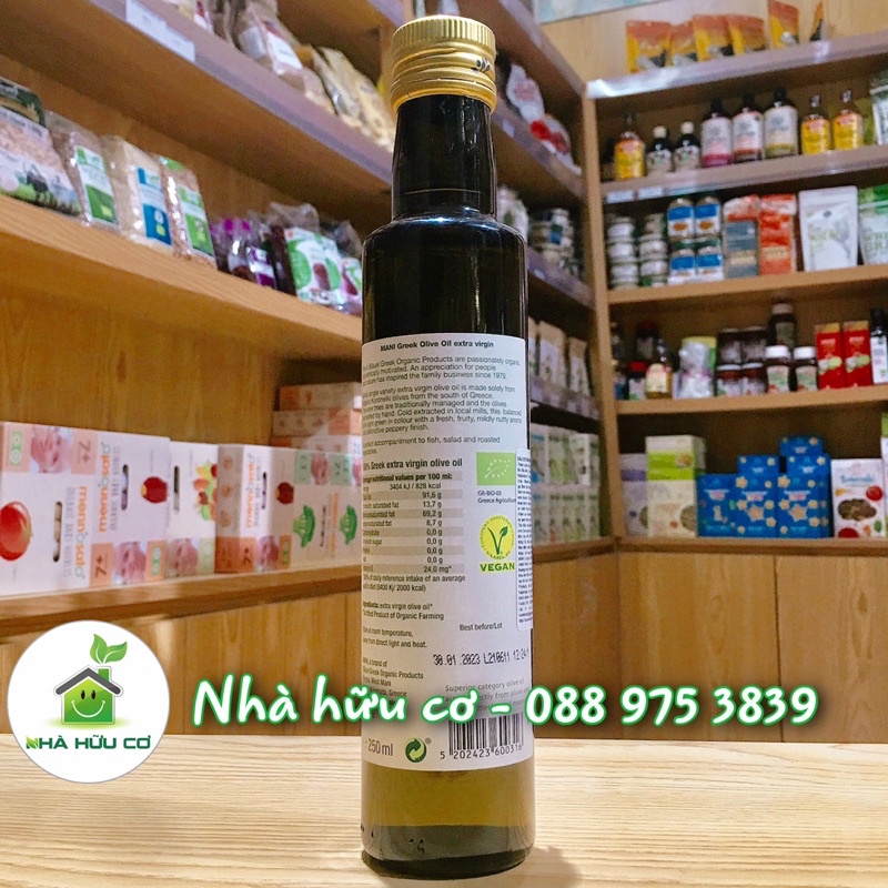 Dầu oliu hữu cơ thương hiệu Mani chai 250ml - Dầu Extra Virgin Olive ép lạnh Hữu Cơ - Date: 30/1/2023 - Nhà hữu cơ