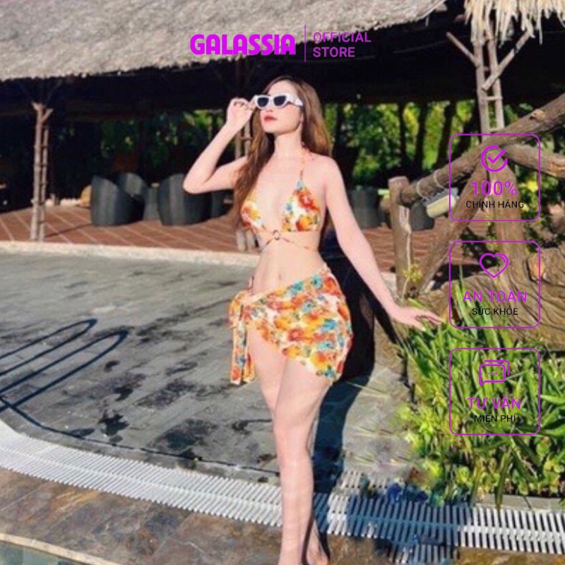 Bikini đồ bơi nữ 2 mảnh 3 món họa tiết hoa cam sexy kèm khăn cao cấp GALASSIA