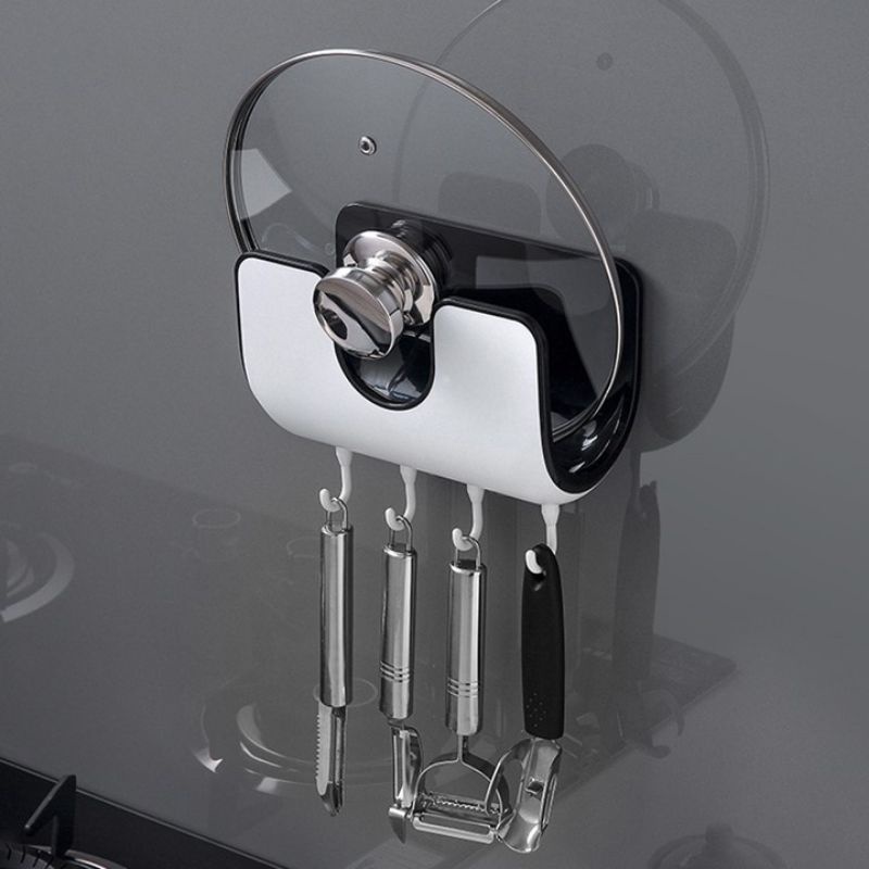 Kệ Đựng Nắp Nồi ECOCO Có 4 Móc Treo Dán Tường Tiết Kiệm Không Gian Nhà Bếp.
