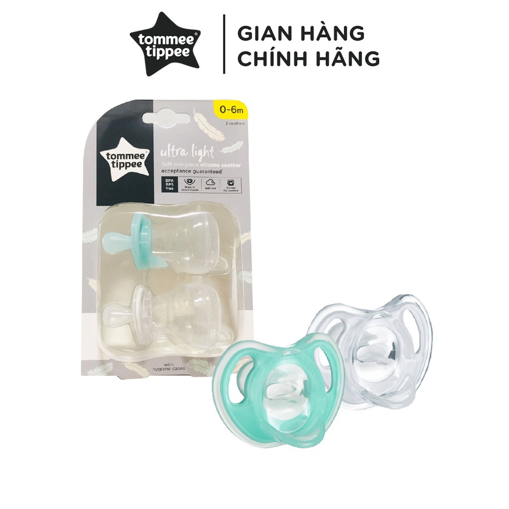 Ty ngậm silicon siêu nhẹ cho bé Tommee Tippee Ultra Light 0-6 tháng (vỉ đôi) - Xanh ngọc/Trắng