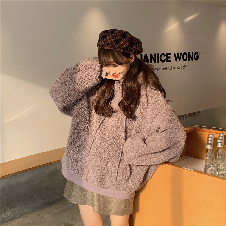 Áo Hoodie Lông Cừu Tay Dài Dáng Rộng Trẻ Trung