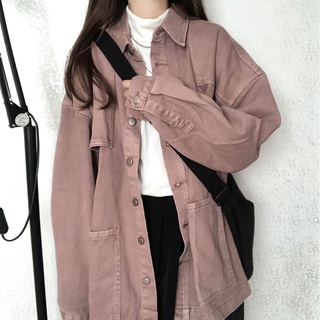 ▲ Phong Cách Mùa Thu Phiên Bản Hàn Quốc Khói Hồng Giữa Chiều Dài Áo Khoác Denim Nữ Rời Ôm Hơn Nhìn Retro Thời Gian Sinh Viên Dài Tay Áo Khoác Tren