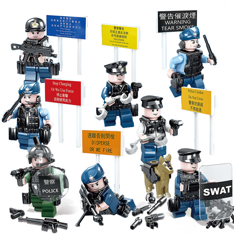 Lego Military Series Cảnh sát Hồng Kông Cảnh sát Đặc nhiệm Chống bạo loạn Chống lại Người da đen Khối Xây dựng Giáo dục Trẻ em Đồ chơi Trẻ em