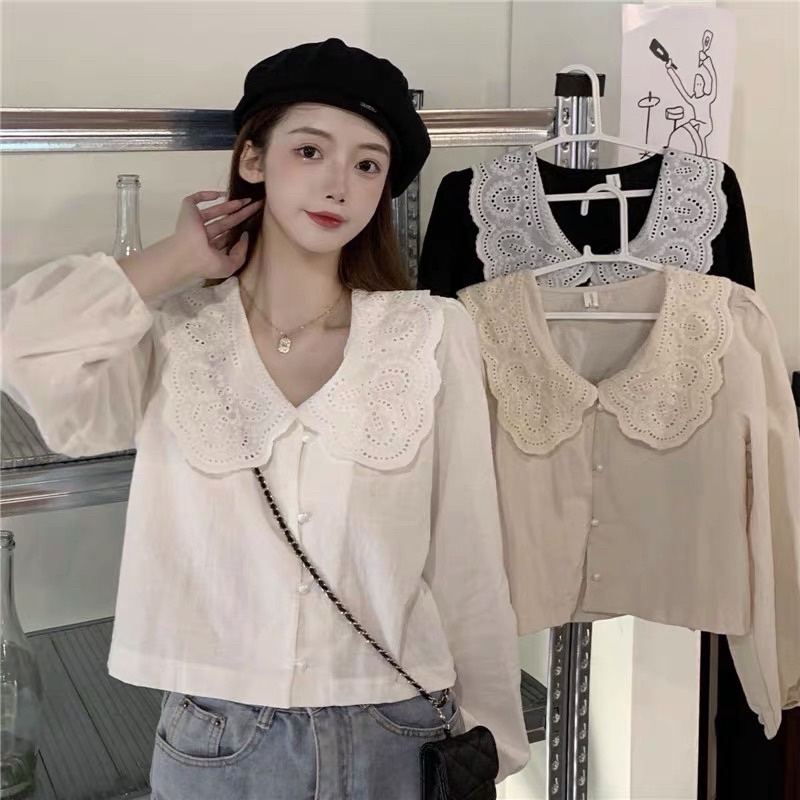 (Order )Áo sơmi tay dài cổ sen phối ren màu trắng nổi bật
