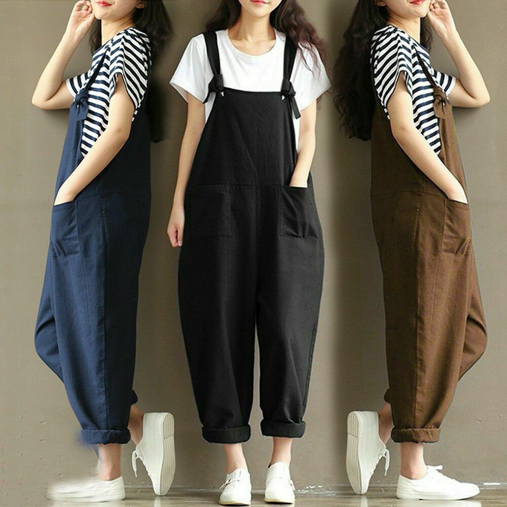 HS Loose Jumpsuit Womens Dungarees Playsuits Plus Size Cotton Linen Casual Overalls Trousers/Multicolor