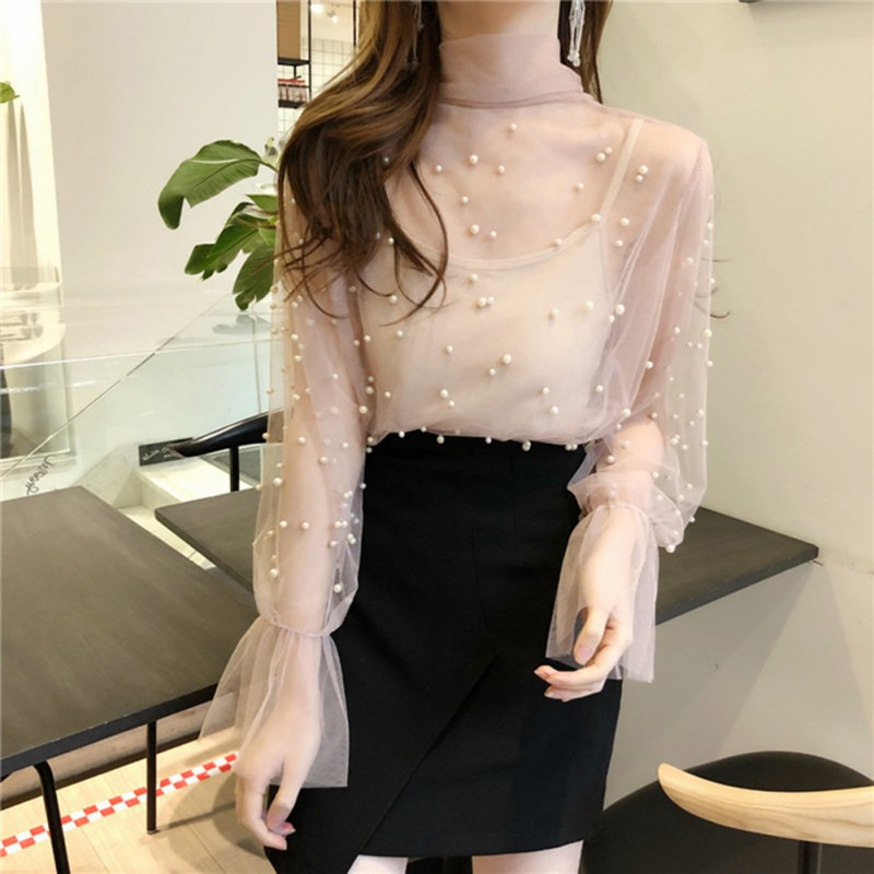 [Baywellfashion]Áo kiểu tay loe dài phối lưới thắt nơ thời trang công sở cho nữ