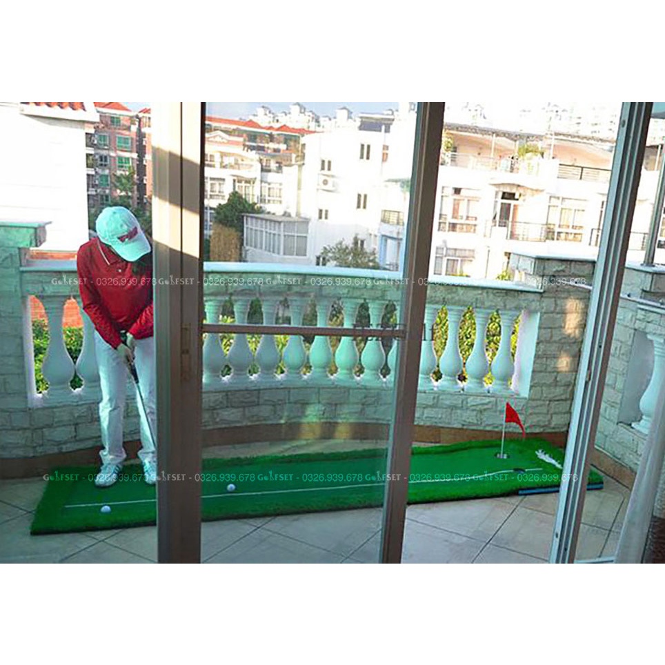 Thảm Tập Putt Golf Vạch Trắng Kích Thước 0.5x3m/ 0.75x3m/ 2 lỗ Golf/ Tặng Kèm 3 Bóng Golf Cũ
