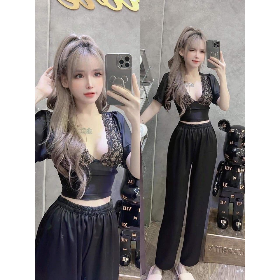 Đồ ngủ nữ mềm mịn, set 2 món, đồ bộ mặc nhà phối ren, mặc nhà thoáng mát, mềm mịn, đủ màu