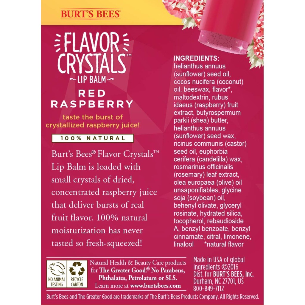 Son dưỡng môi thiên nhiên Burt's Bees Flavor Crystals 100% Natural Lip Balm Red Raspberry 0.16oz (Mỹ)