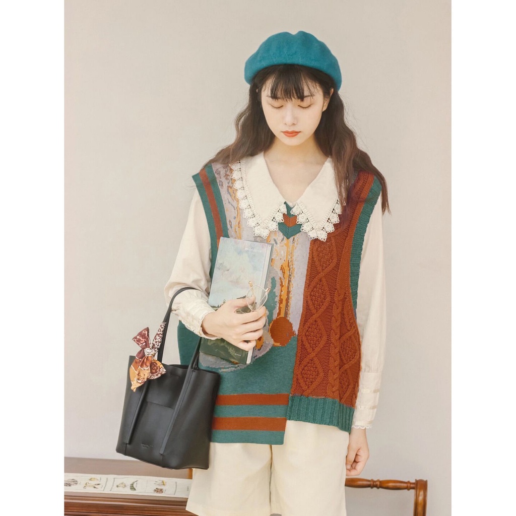 Set áo sơ mi dài tay + áo khoác len không tay phong cách retro dành cho nữ