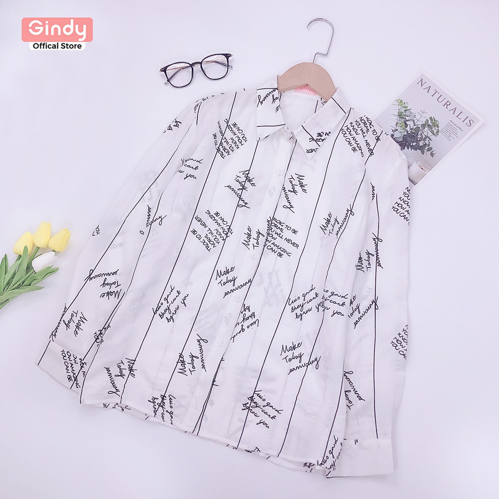 Áo sơ mi nữ họa tiết trẻ trung cổ bẻ dài tay GINDY form rộng dáng basic công sở,học sinh thời trang xuân hè  A4132