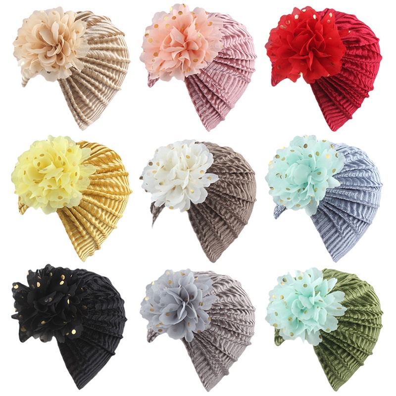 Mũ turban trùm đầu đính hoa to phối kim sa làm phụ kiện chụp ảnh dễ thương cho bé