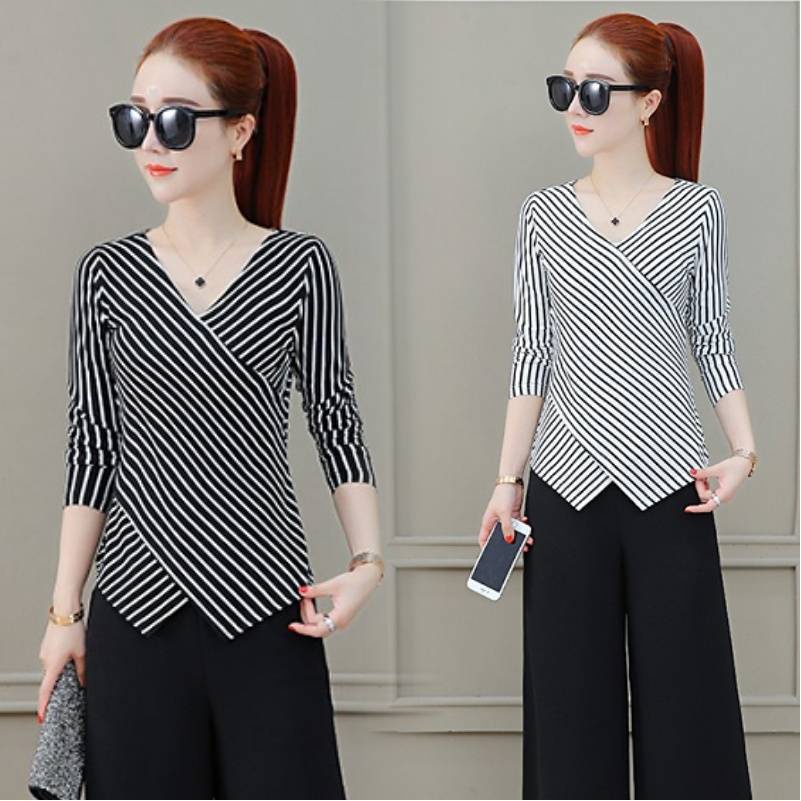 Thời Trang Áo Thun Nữ Tay Dài Dáng Rộng Cổ Chữ V Họa Tiết Sọc Ngang