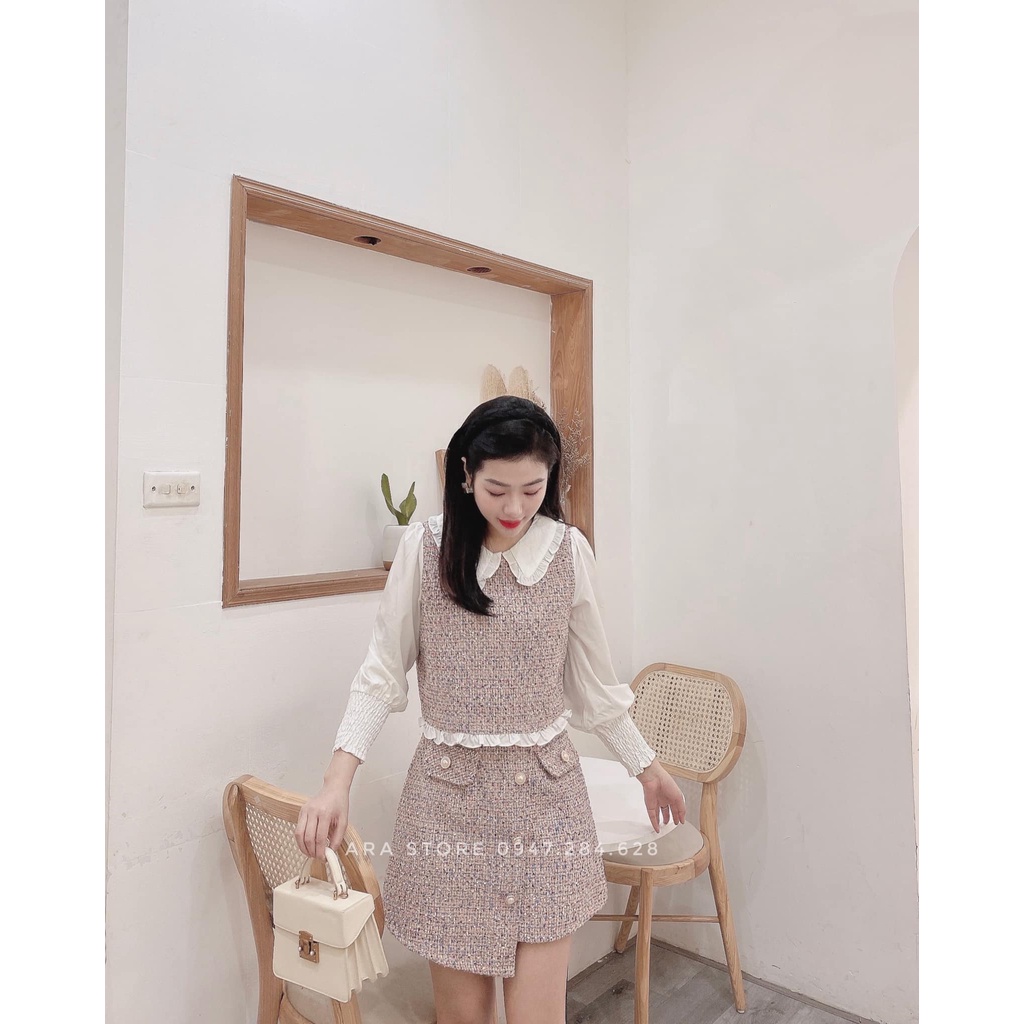 Set váy dạ Tweet kẻ cổ bèo tiểu thư cao cấp Ara S08