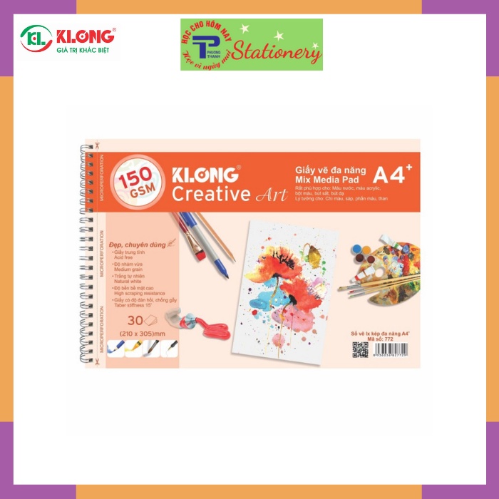 Vở vẽ lò xo Klong màu nước Artwork A4 -150GSM +- 25% cotton - 30 tờ; MS:772