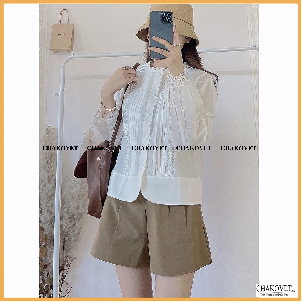 Áo sơ mi nữ dài tay eo cao phối ren tay bồng, áo kiểu nữ dáng Croptop -CKA129