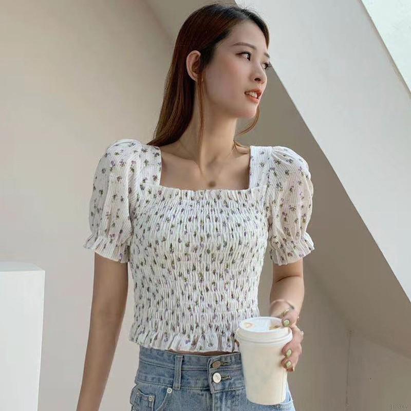 Áo Nhún Cổ Vuông Tay Ngắn Phồng Họa Tiết Hoa Nhí Xinh Xắn Thời Trang Phong Cách Hàn Quốc Cho Nữ