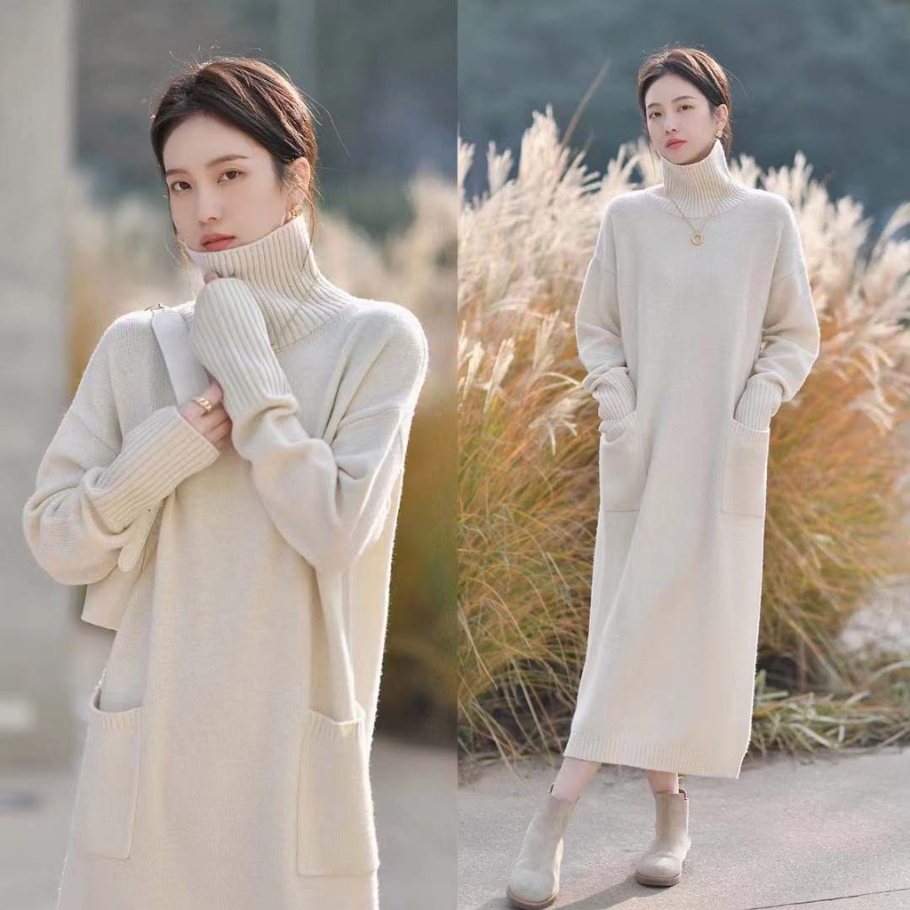 Áo Khoác Len Dệt Kim Dài Qua Gối Cổ Cao Thời Trang Thu Đông Phong Cách Nhật Hàn