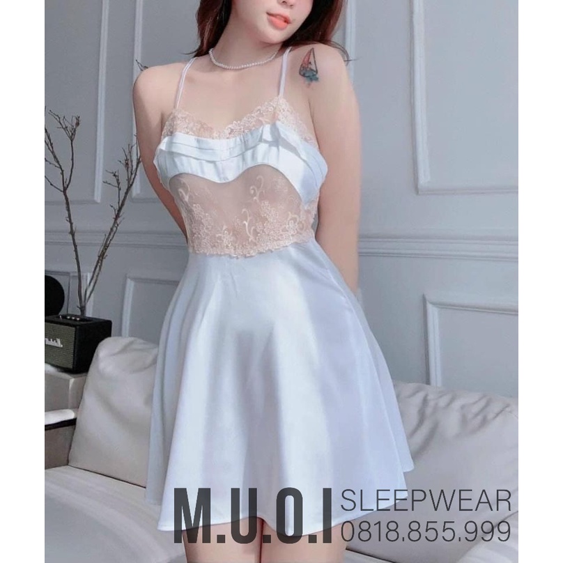 [FREESHIP] Váy ngủ sexy QCCC - Sx 104 Váy ngủ lụa satin phối ren hoa khoe chân ngực QCCC Muối Sleepwear-sẵn