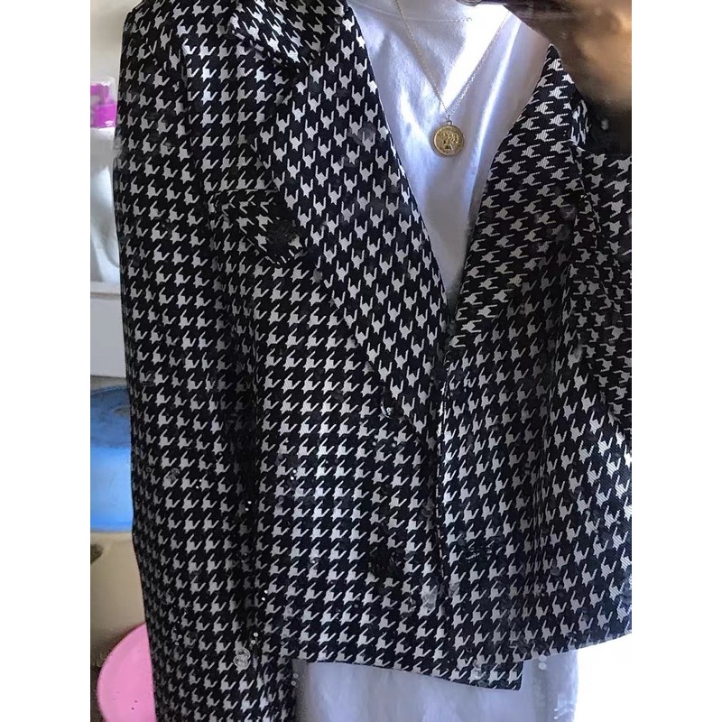 Áo blazer dáng ngắn croptop kẻ caro đen trắng freesize