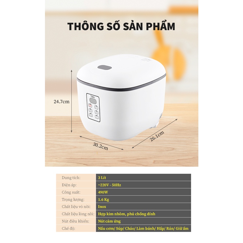 Nồi cơm điện TSUKI XH30 dung tích 3Lit, công nghệ làm nóng 360, nút chạm cảm ứng,nhiều chế độ, bảo hành 12 tháng