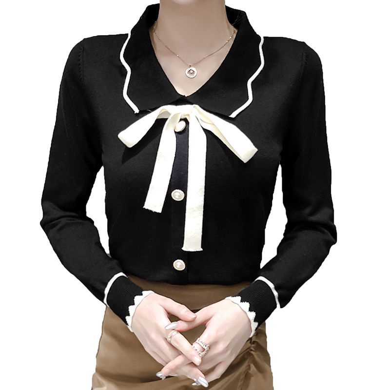 Áo Sweater dệt kim tay dài cổ búp bê dáng rộng đính nơ dễ thương cho nữ