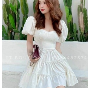 Đầm dự tiệc lụa nhún tầng tay phồng cực dễ thương cho nàng