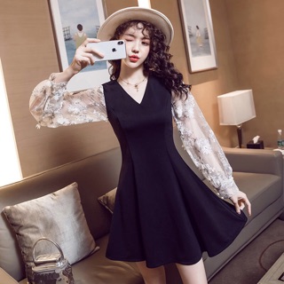 đầm thu đông 2019 chât voan tay lưới