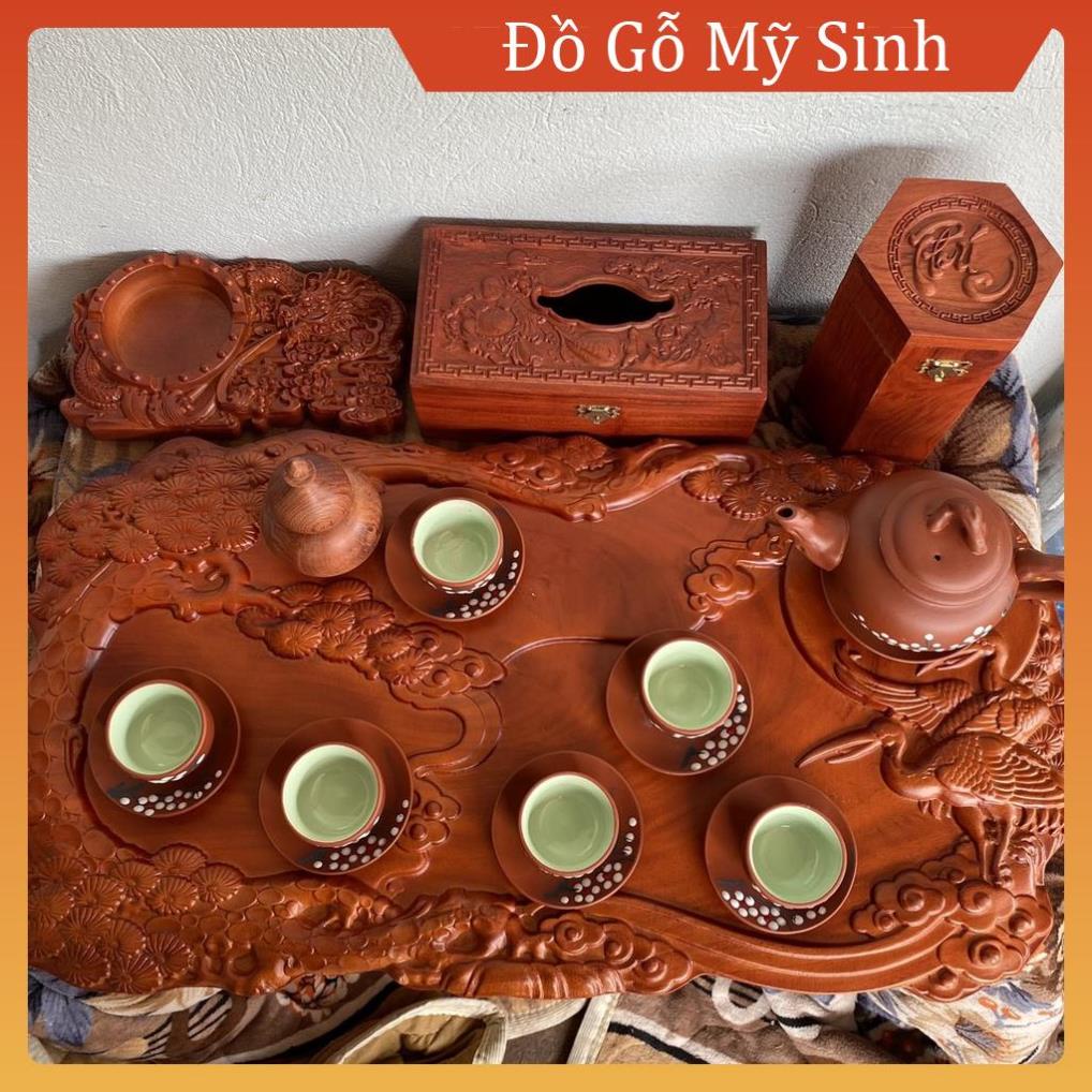 Combo đồ gỗ mỹ nghệ mini tùng hạc gồm ấm chén khay trà hộp giấy lọ tăm gỗ hương đỏ,Đồ gỗ nội thất cao cấp