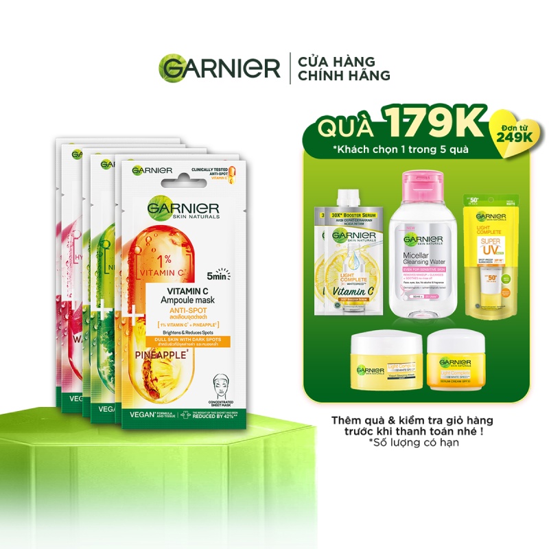 Bộ 6 mặt nạ tinh chất giúp làm sạch sâu, giảm bã nhờn, sáng da &amp; chống lão hóa Garnier 5 Minute Ampoule Mask 15GX6