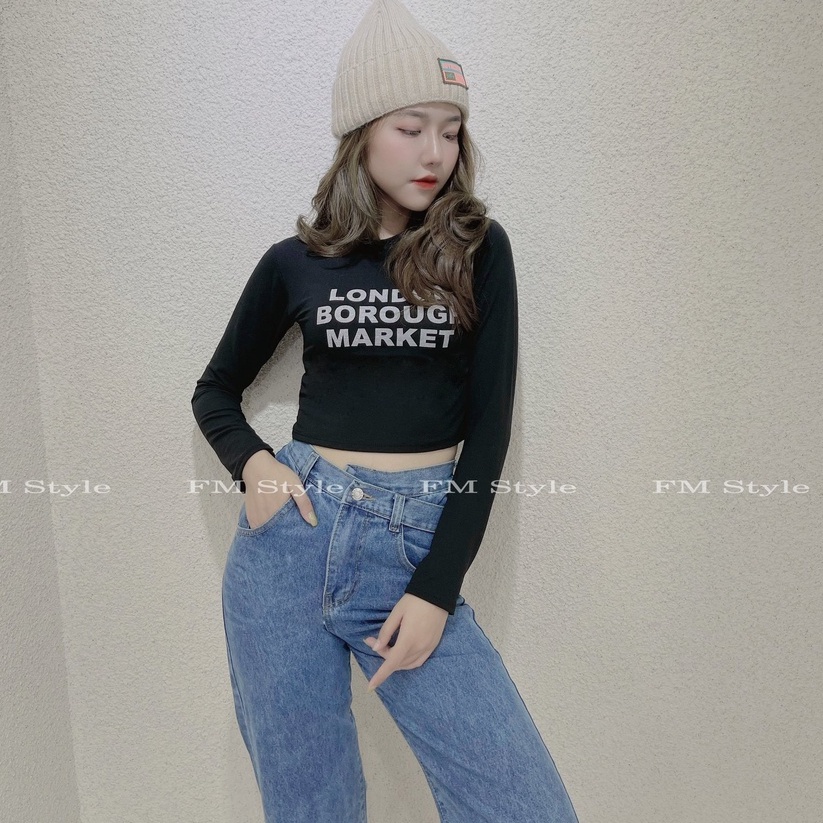 Áo thun tay dài nữ FM Style dáng croptop cổ tròn dáng ôm basic hoạt tiết in chữ thời trang thu đông sexy 210925156