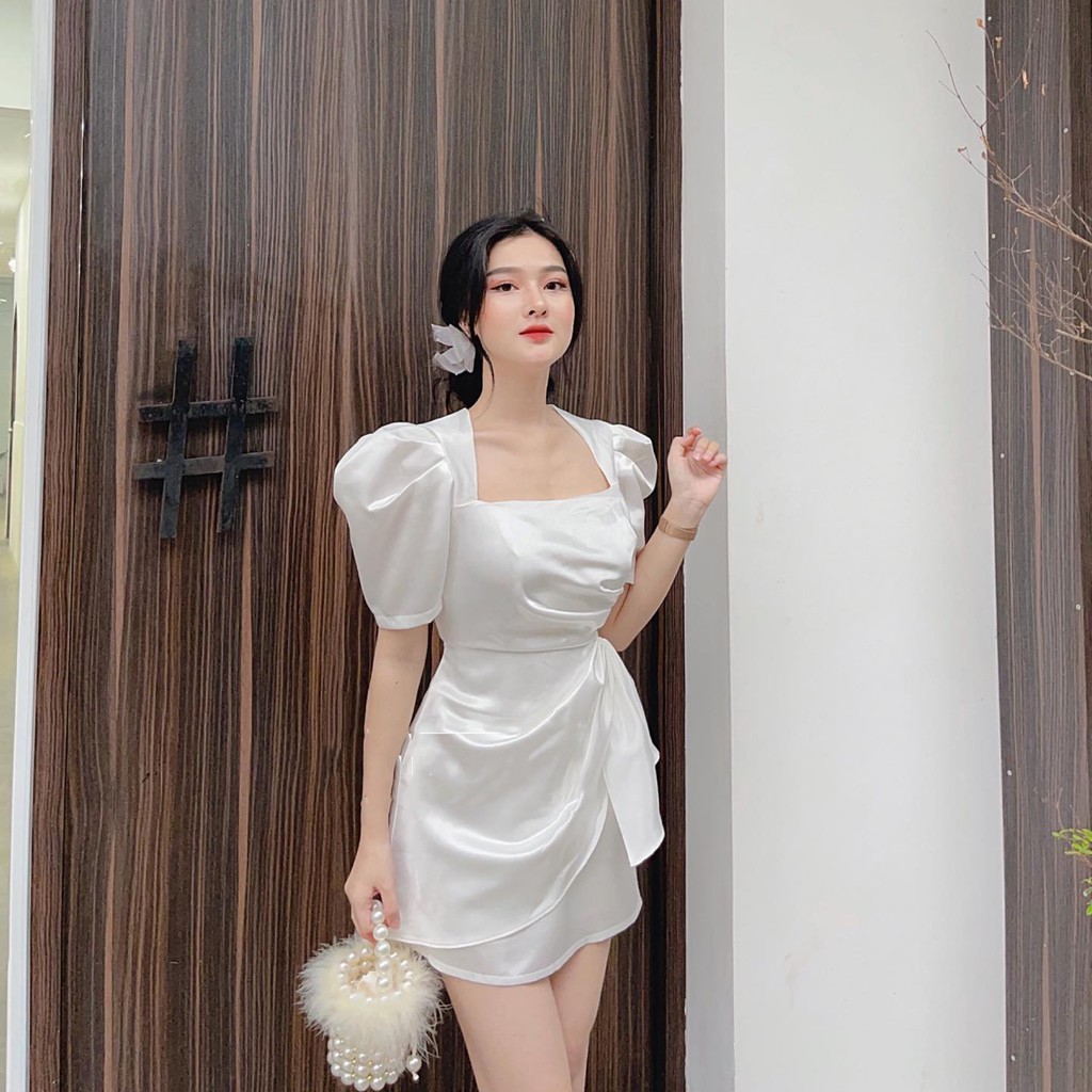 Đầm dạo phố, dự tiệc cổ vuông tay bồng xếp ly nơ eo siêu sang chãnh - Alice Dress