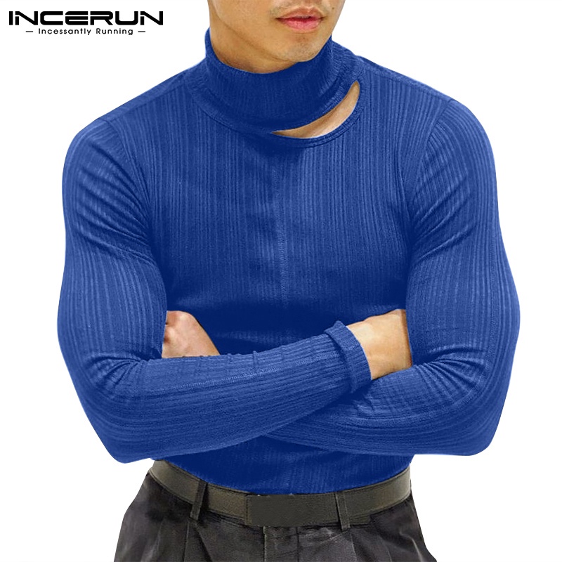Áo thun INCERUN tay dài cổ cao khoét rỗng thời trang dành cho nam