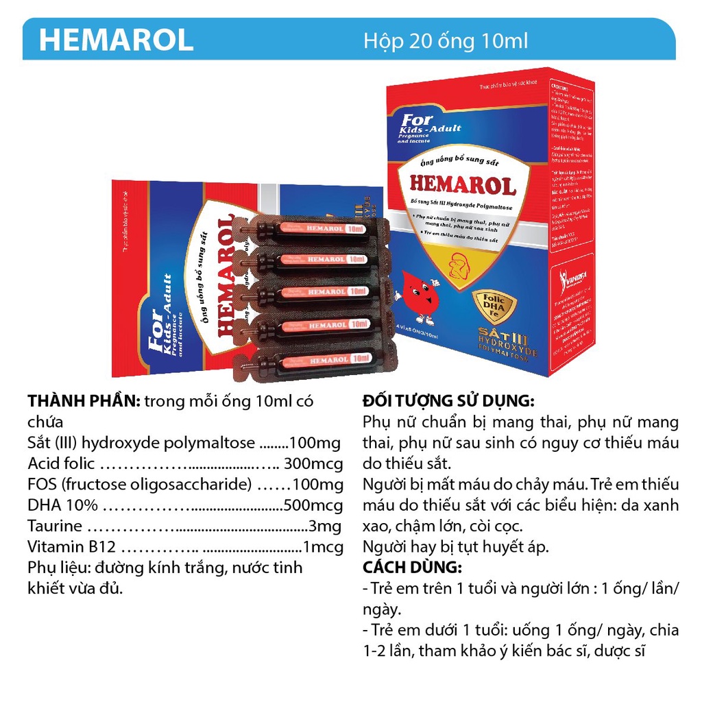 HEMAROL Bổ sung sắt, DHA cho trẻ em và phụ nữ trước và sau sinh - Hộp 20 ống