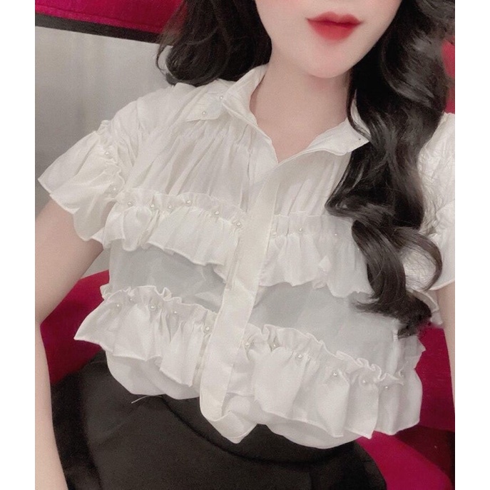 Áo sơ mi bèo tầng cổ đức đính ngọc cộc tay- sơ mi cộc tay cực xinh- YESNOW