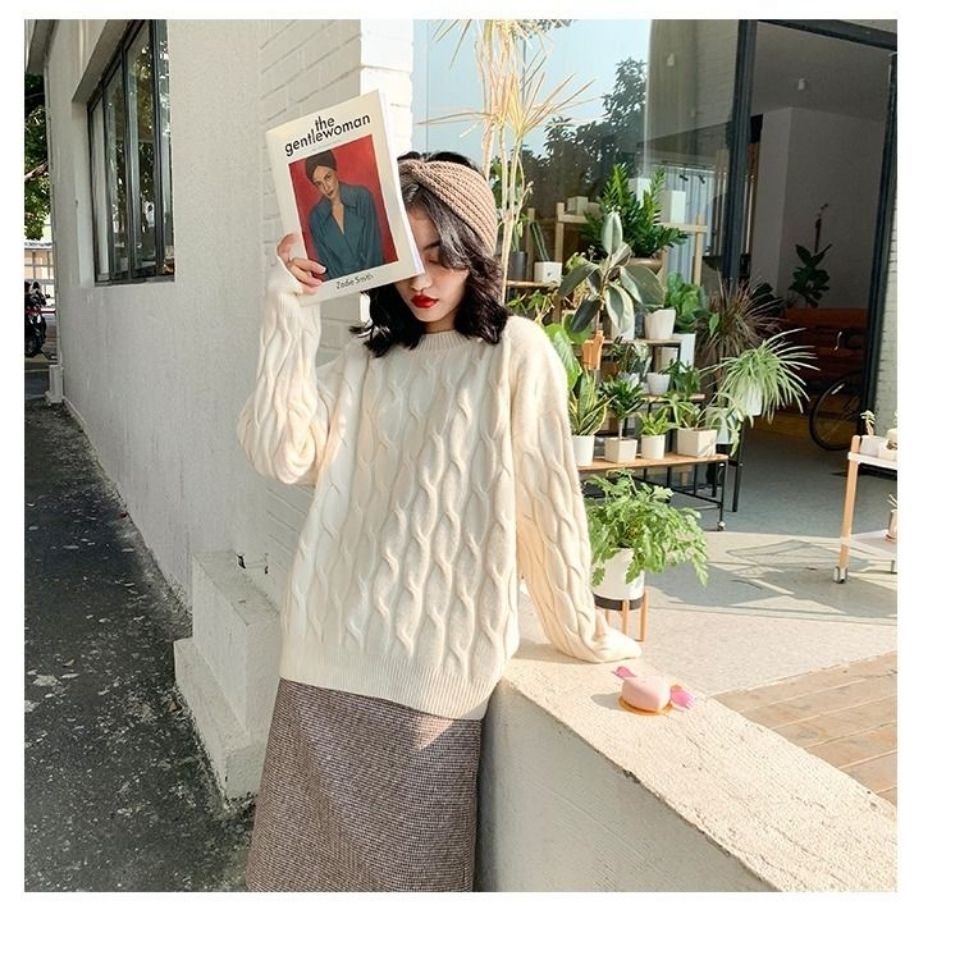 Áo sweater dệt kim dày dáng rộng phong cách Hàn Quốc mới năm 2021