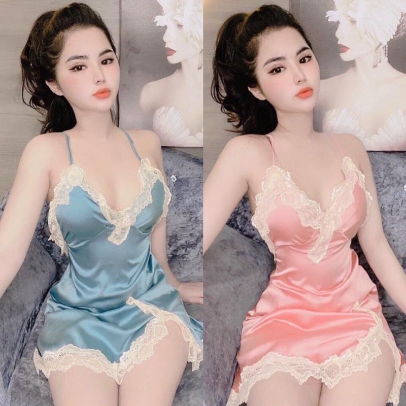 đầm ngủ hai dây có mút kèm quần phối ren lụa satin cao cấp