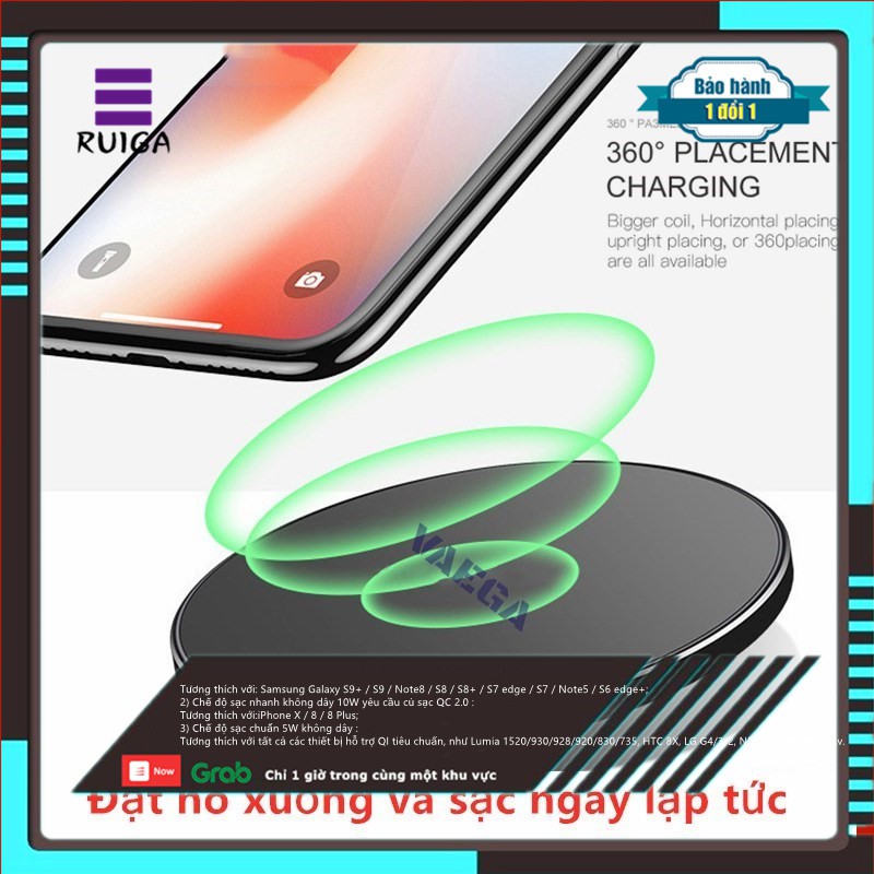 Đế sạc nhanh không dây 10W Qi tương thích iPhone Xs MAX Galaxy Huawei S9 S8 P20 P30 kèm cáp USB