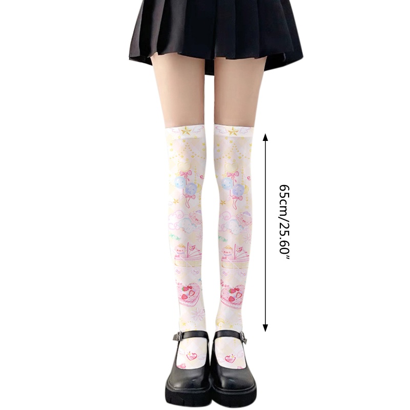 Vớ dài qua gối in hình bánh kem dâu/ bong bóng hoạt hình phong cách Lolita ngọt ngào dễ thương cho nữ