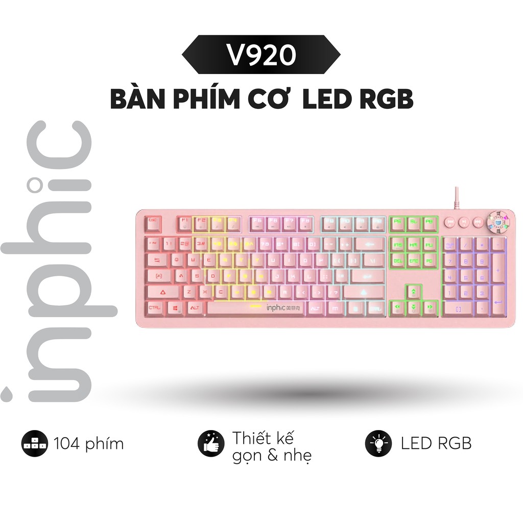 Bàn phím cơ chơi game có dây Blue Switch RGB Backlit Inphic V920 104 Phím cho Máy tính văn phòng laptop - Chính Hãng