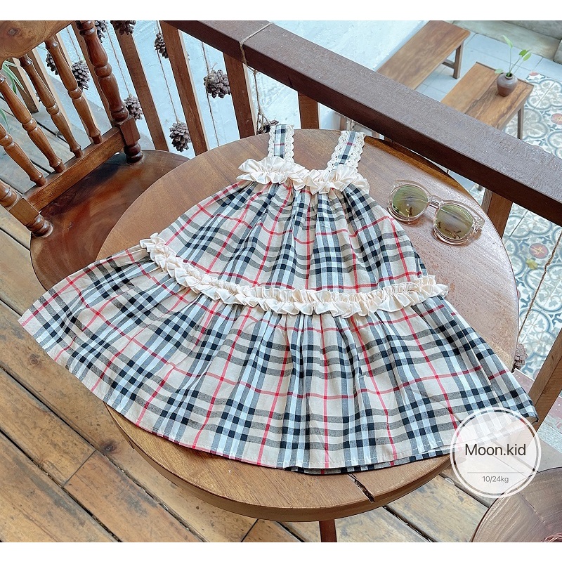 Váy thô kẻ 2 dây đính nơ cho bé gái 8-20kg