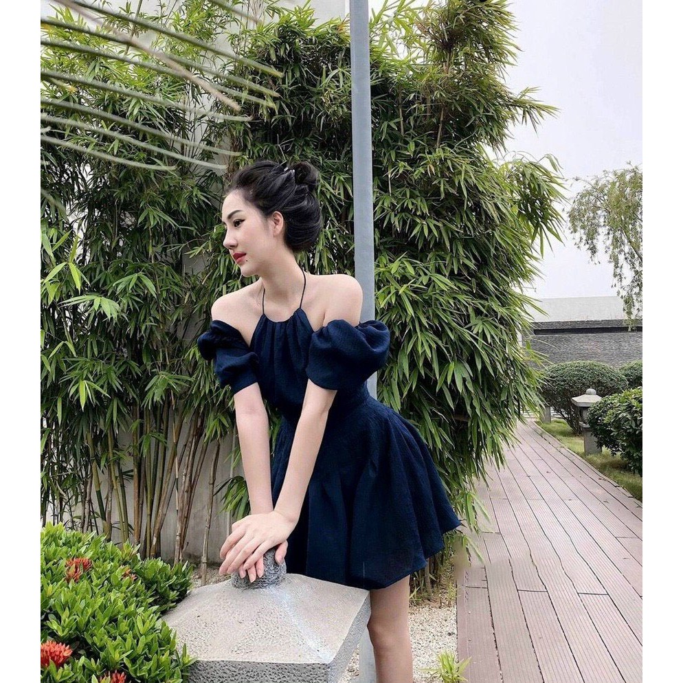 Váy trễ vai chất liệu tơ lụa 2 lớp cao cấp, Đầm nữ cổ yếm tay rớt vai thanh lịch sang trọng, Hàng thiết kế size SM | BigBuy360 - bigbuy360.vn