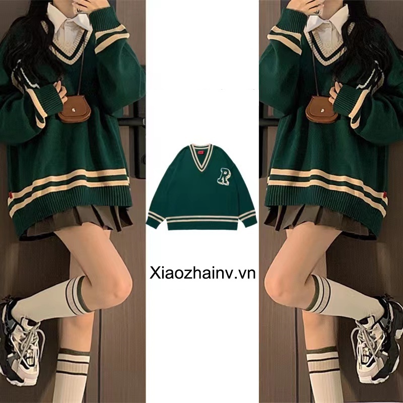 Áo sweater dệt kim Xiaozhainv dáng rộng cổ V phong cách Hàn Quốc cho nữ