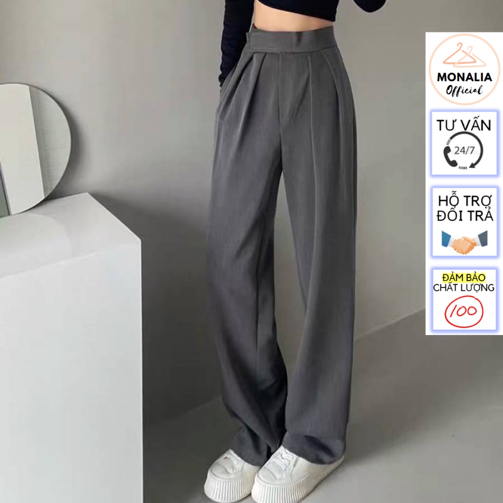 Quần ống rộng MONALIA lưng cạp cao ống suông vải nữ dài culottes xuông màu đen , nâu , xám