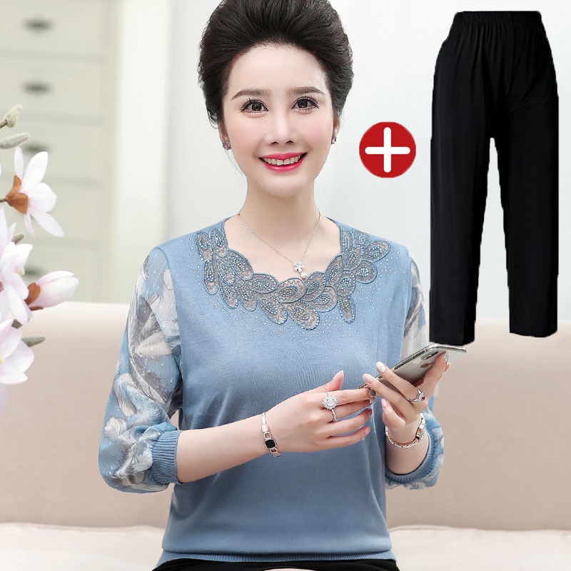 Mẹ mùa xuân áo len dệt kim 40-50 tuổi tay thun phụ nữ trung niên và cao hè hai mảnh hàng đầu